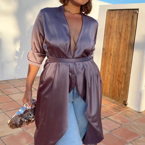 Never Fully Dressed Taupe / Mauve / Mink Satin Wrap Dress - Size 8, Mink - Picture 2 of 4